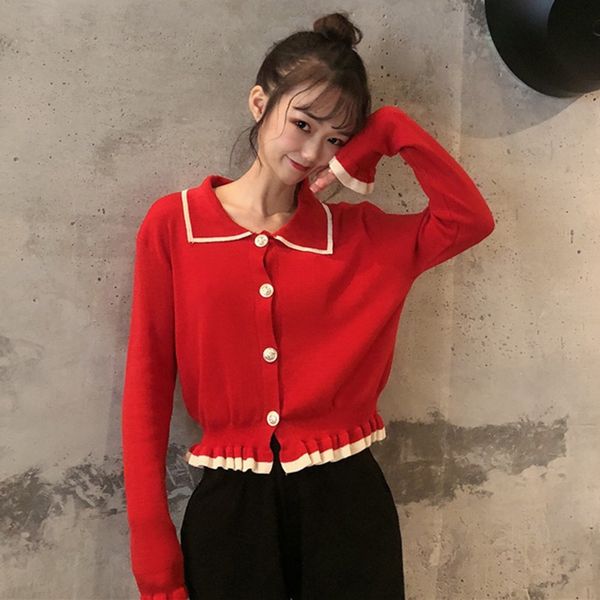 

women's knits & tees women button cardigan girls autumn fashion lapel ruffled stitching long-sleeved knit sweater, White