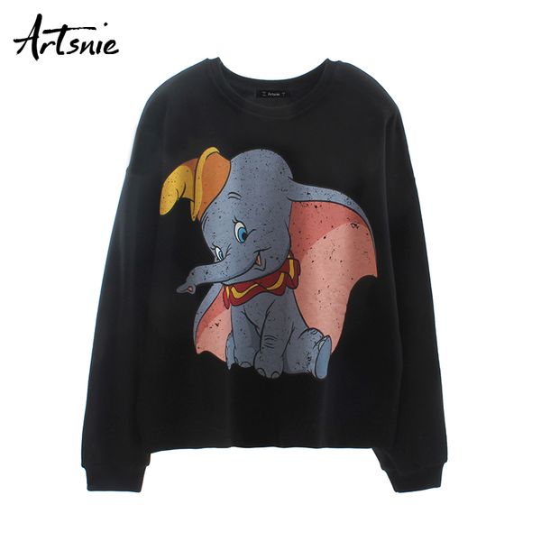 

artsnie cartoon print women sweatshirt o neck long sleeve oversized hoodies streetwear casual winter knitted sweatshirts female, Black