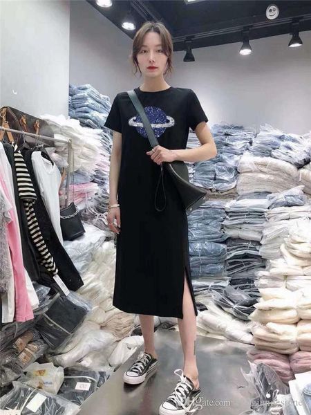 

women summer designer split dresses planet print crew neck short sleeve female clothing fashion style casual apparel, Black;gray