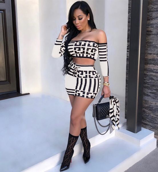 

women designer two-piece set luxury geometric pattern cropped + skirts two piece dresses street style clothing lll9070902, White