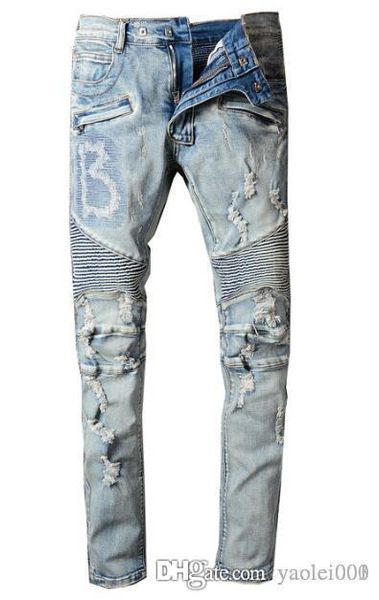 

europe and the usa high street fashion motorcycle pants foreign trade old old green hole embroidery slim cowboy pants men, Blue