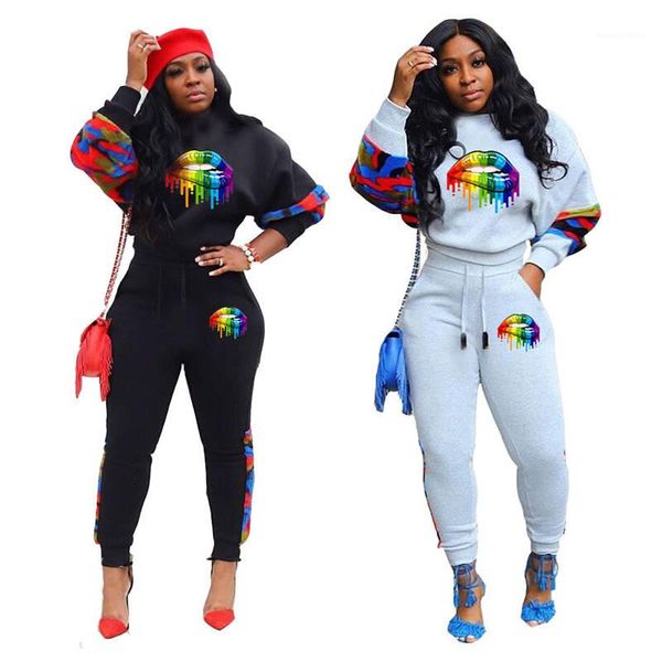 

женские 2 шт. комплект повседневная женская одежда новое поступление губы женские спортивные костюмы пуловер с длинным рукавом, Gray