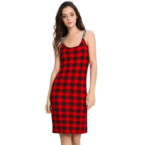 

women nightgown sleeveless plaid sleepwear night dress nightshirt night bathrobes lounge wear, Black;red