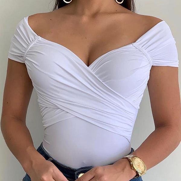 

woman tight white bodysuit short sleeve v-neck cross bodysuits for women 2019 new summer club backless short romper female, Black;white