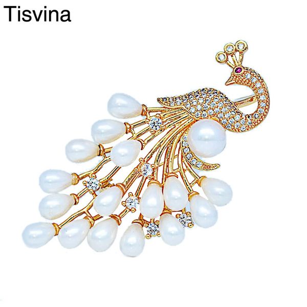 

tisvina luxury women natural freshwater pearls peacock brooches corsages pins pendant mature and stable style for mom jewelry, Slivery;golden