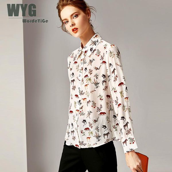 

natural silk blouses woman 2019 spring animals print long sleeve single breasted vintage retro blouse shirts, White