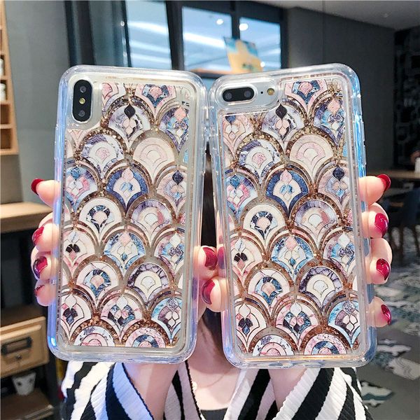 Luxuoso Europa Classical Art Marble padrão decorativo Mermaid escala dourada Shimmerin Quicksand Iphone Mão Shel para 11promax iphone