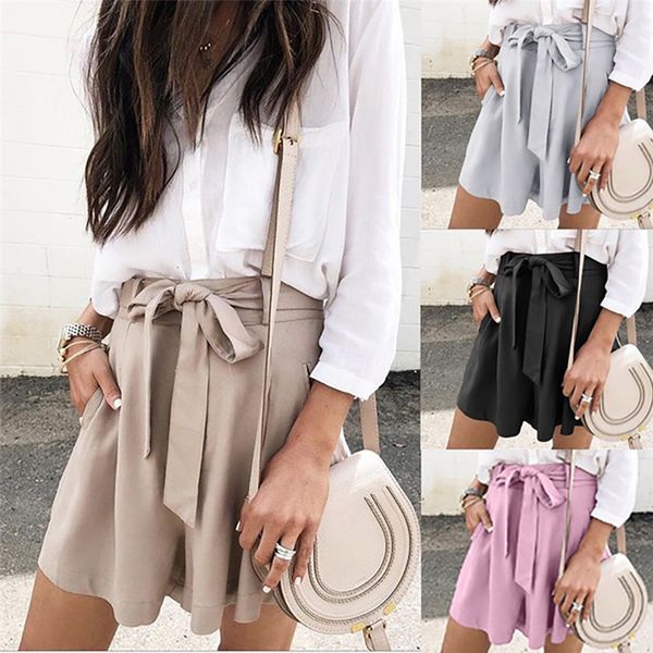 

2019 new high chiffon drawstring shorts women casual short loose pant elastic waist bowknot shorts pockets pant #0307, White;black