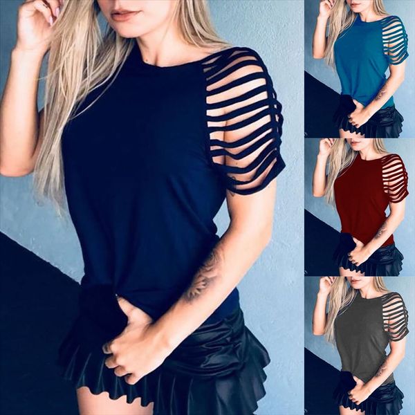 

2019 short sleeve hollow solid color 2019 women's t-shirt women's short sleeve hollow t-shirt solid color top, White