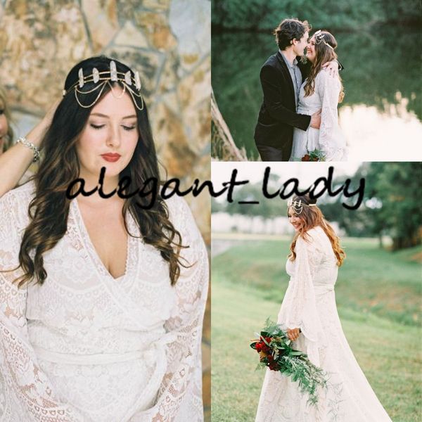 

organic bohemian floral wedding dresses with long sleeve vintage crochet lace countryside plus size full back wedding bridal gown, White