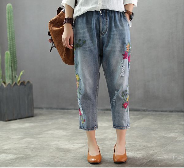 

floral jeans women spring embroidery bleached washed hole elastic waist drawstring female casual ankle-length denim pencil pants, Blue