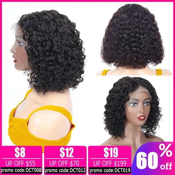 

13x4 фронта шнурка эльфа обводненность парик волны короткий боб фронта шнурка бразильских человеческих волос парики для женщин non-remy, Black;brown