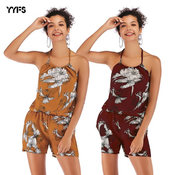 

women designer thin backless chiffon sleeveless jumpsuit tight print sling shorts women casual30g130g1, Gray
