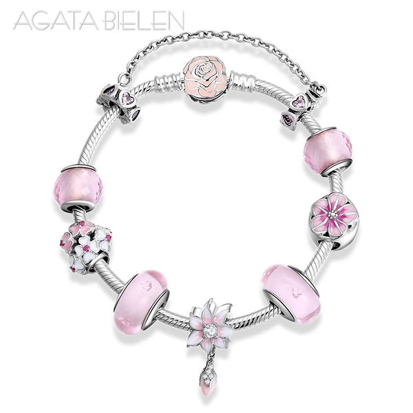 

925 sterling silver blooming pink flowers series with glass beads finished bracelet fashion women' s charm bracelet jewelry 2019, Black