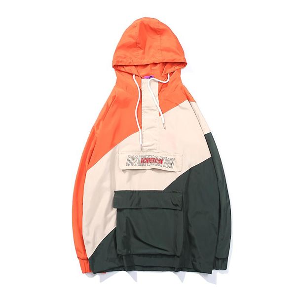 

hip hop color block patchwork embroidery half zip hooded jackets 2019 autumn men casual pullover hoodie coat streetwear, Tan;black