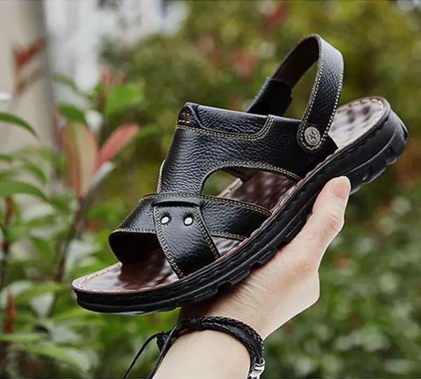 

head layer cowhide man summer slippers dual use non-skid waterproof beach shoes leather casual personality handsome leather sandals man, Black