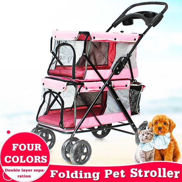 

lightweight portable 4 wheel folding double-layer pet stroller for 2 dogs with large space double cat strollers outdoor travel