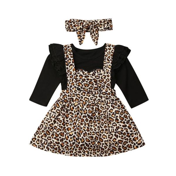 

autumn infant kids girls clothes sets 0-24m leopard print long sleeve romper+bib strap dress+headband 3pcs, White