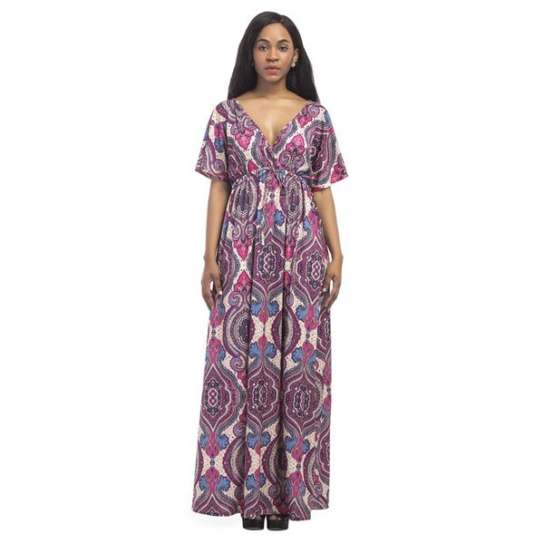 

урожай женщины плюс размер african maxi платье геометрическая печати погружение v-образным вырезом с коротким рукавом bohemian длинные плать, Red