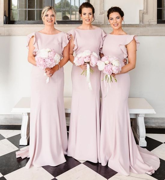 Abiti da damigella d'onore della sirena rosa chiaro Ruffles Cap Maniche Sweep Train Maid of Honor Gowns per nozze Abito da damigella d'onore economico