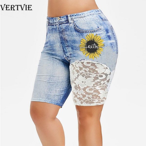 

cycling shorts vertvie print leggings yoga lace patchwork denim sports women fitness elastic waist stretchy biker, Black