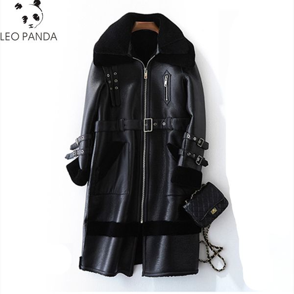 

2018 korean wool liner sheep shearling fur pu leather real fur coat 100% wool jacket autumn winter jacket women clothes, Black