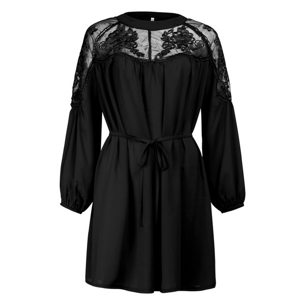 

2019 spring women dresses round collar lace splicing black o-neck long sleeve casual fashion dresses with belt, Black;gray