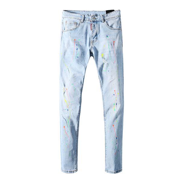 

new brand designer fashion stretch men's jeans white oil painting thin pants men's leisure cotton denim printed pants 28-40~pp1, Blue