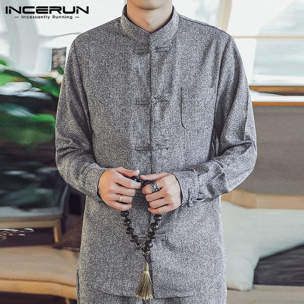 

incerun chinese style men shirt long sleeve button streetwear stand collar vintage elegant casual shirts men solid camisa s-5xl, White;black