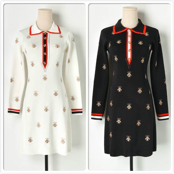 

оптовая зима вышивка платье для женщин осень с длинным рукавом отворотом женщин шеи свитер платье офис бизнес-леди тонкий трикотажные платья, Black;gray