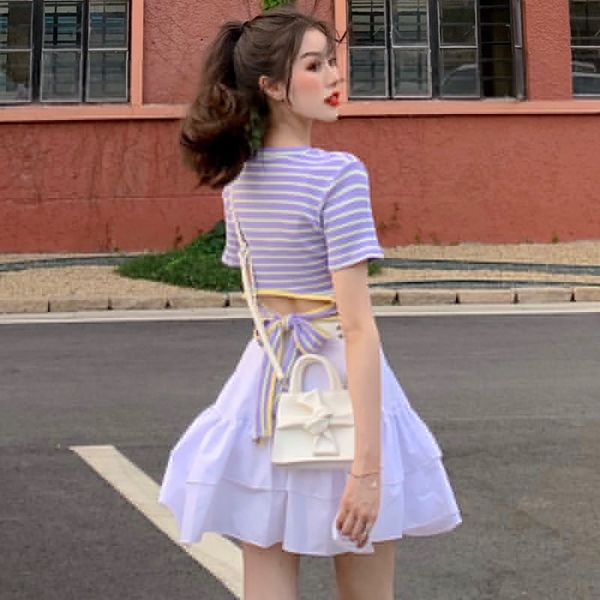 

2020 summer two piece set korean cute girl backless bandage striped crop t-shirt and high waist ruffles skirt women's sets, White