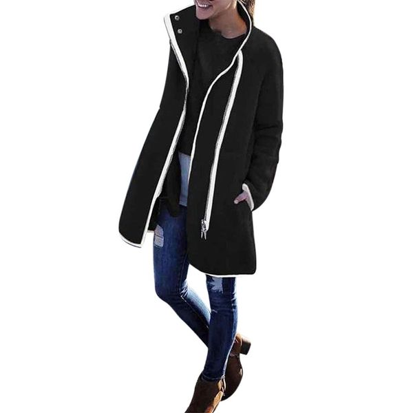 

2019 wool blend coat women long sleeve turn-down collar outwear velvet zipper casual autumn winter elegant overcoat leisure, Black