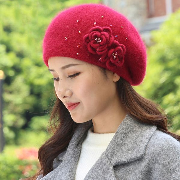 

women hat winter angora beret knit beanie autumn warm flower rhinestone thick double layers skiing outdoor accessory for lady, Blue;gray