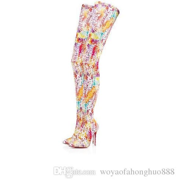 

new style print nice over the knee boots femininas pointed toe high heels boots femininas party wedding boots size 35-43, Black