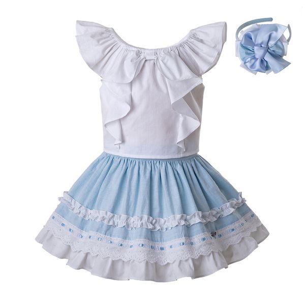 

Pettigirl children de igner clothe girl et white cotton hirt and ky blue ruffle kirt cute kid clothing g dmc 201 c142