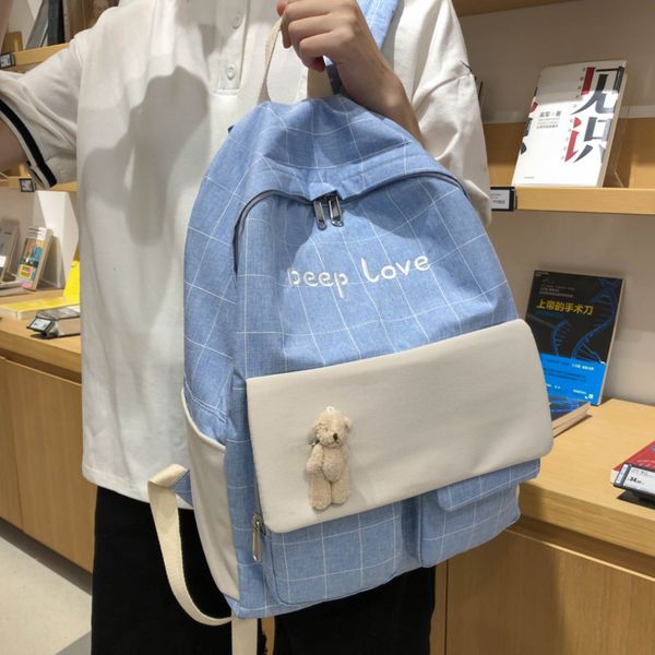 

women's simple wild backpack lightweight plaid embroidery youth schoolbags for boys girls bookbag simple style casual travel bag