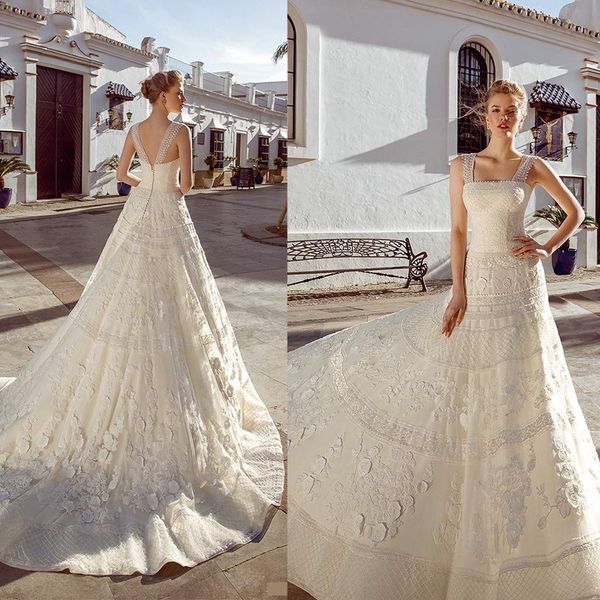 

2021 elegant wedding dresses spaghetti straps lace appliques bridal gowns custom made backless sweep train a-line wedding dress, White