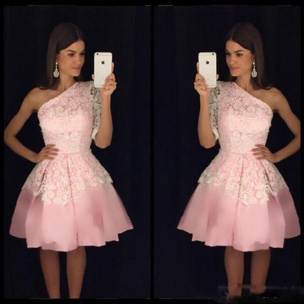 

vestidos sweet pink white lace homecoming dresses one shoulder knee length short graduation dress custom made a-line cocktail party gow, Blue;pink
