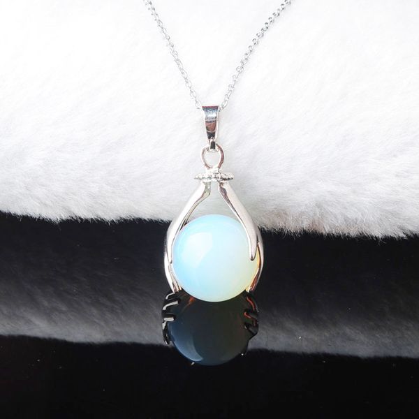 

wojiaer fashion palm bead design natural opalite stones pendants & necklaces bead women girls jewelry christmas gifts 1pcs dn3157, Silver