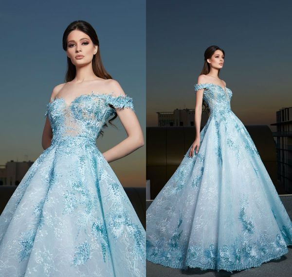 

tony chaaya beaded prom dresses 2019 a line light blue lace appliqued evening dress sleeveless off the shoulder formal party dress, Black