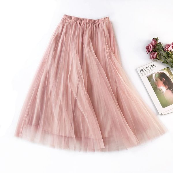 

2019 new summer high waist pleated midi skirt solid color mesh skirt women korean basic a-line tulle skirts faldas saias jupe, Black