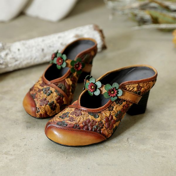 

tayunxing handmade shoes woman real leather cowhide summer outside high heel women slipper comfort flower casual jh011-29, Black