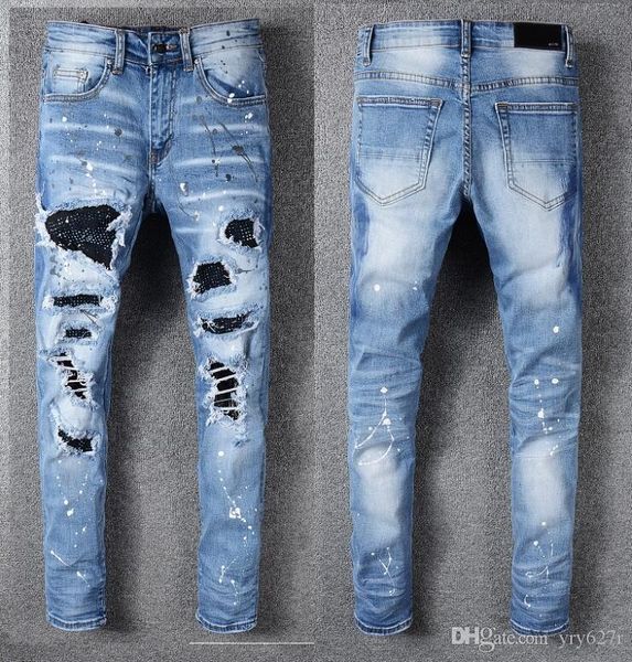 

spring 2019 new high street street fashion men's youth hole diamond patch jeans stretch slim feet pants, Blue
