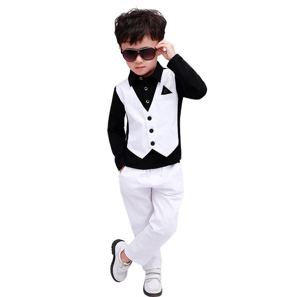 

flower boys summer formal suit school children fake vest shirt +pnats 2pcs gentleman kids birthday party wedding costume, White