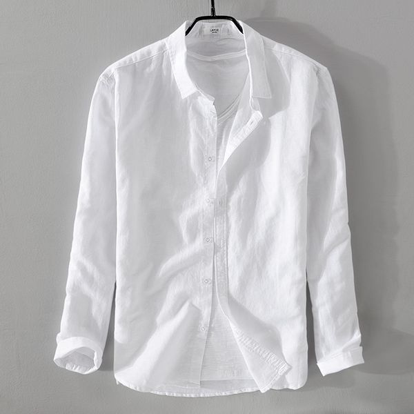 

2019 men's new cotton and linen long-sleeved shirt white casual shirt men brand fashion solid shirts men camisa chemise 4xl, White;black