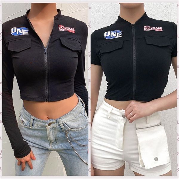 

women's clothing 2020ins asymmetric printing short sleeve slim coat t-shirt female zipper t-shirt zipper, White