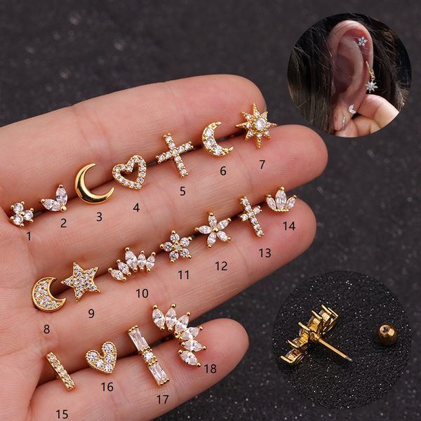 

silver and gold color cz cartilage stud piercing moon star cartilage earring conch tragus stud helix piercing jewelry, Golden;silver