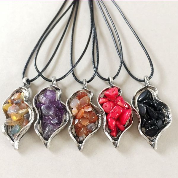 

wholesale 5 pcs ethnic style silver plated geometric many colors quartz stone pendant rope chain necklace fashion jewelry