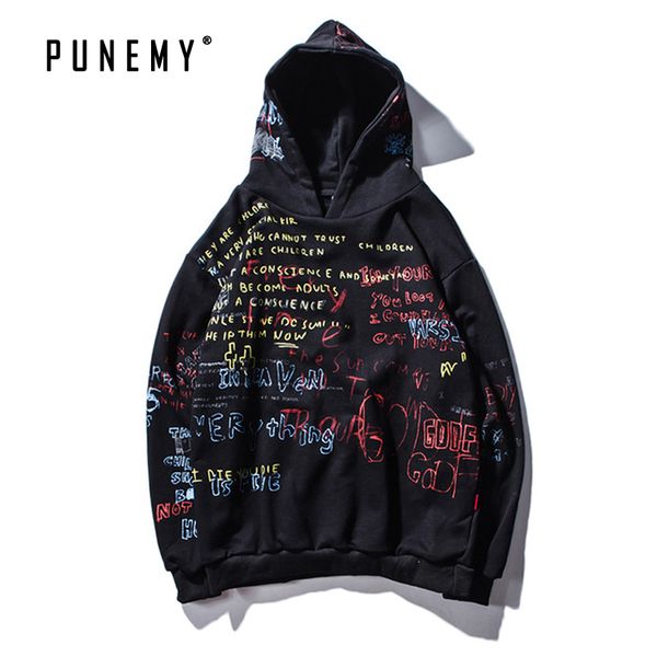 

men hoodies vintage graffiti graphic print oversize hip hop streetwear autumn pullover hooded hoodies for man swag man's, Black
