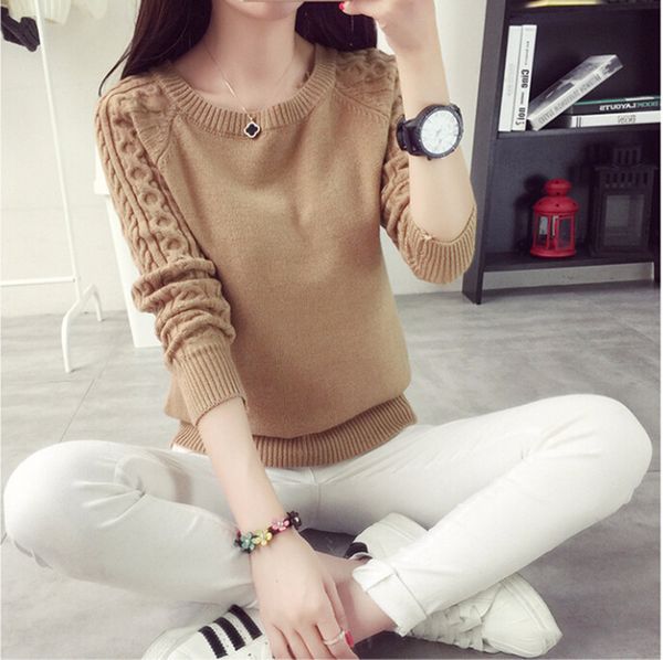 

autumn winter korean version knitted sweater women's pure color round collar skinnysweater casual computer knitted cotton o neck, White;black